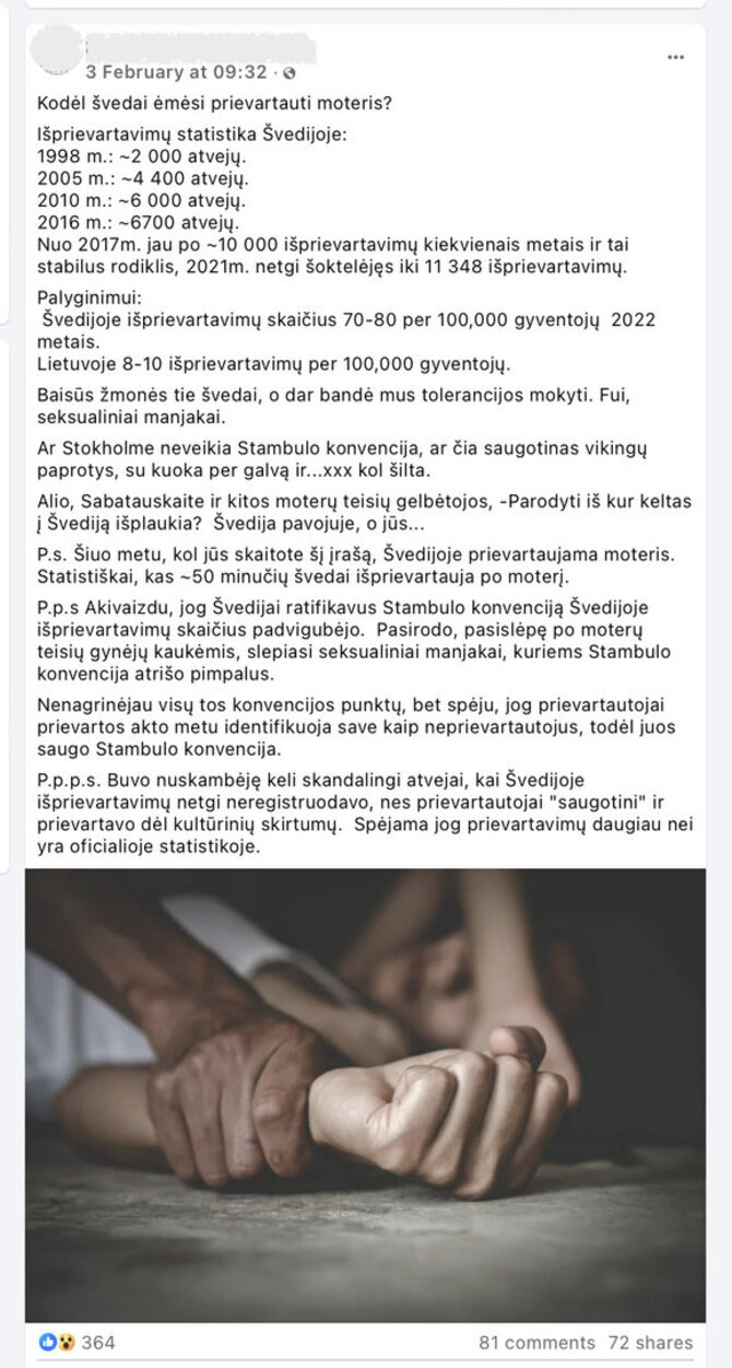 Ekrano nuotr. iš „Facebook“/Išžaginimų skaičiaus Švedijoje augimas su Stambulo konvencija nesusijęs
