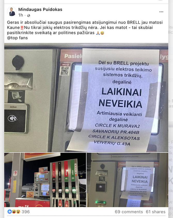 Ekrano nuotr. iš „Facebook“/Kad degalinė tariamai neveikia dėl atsijungimo nuo BRELL, pranešė eksparlamentaras Mindaugas Puidokas