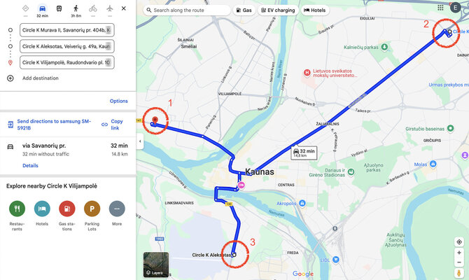 Ekrano nuotr. iš maps.google.com/Artimiausia veikianti degalinė pasiūlyta gana toli (1 - degalinė, kurioje Mindaugas Puidokas bandė įsipilti degalų, 2 ir 3 - degalinės, kur esą elektra tiekiama be sutrikimų)