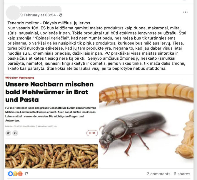 Ekrano nuotr. iš „Facebook“/Žinia apie leidimą didžiojo milčiaus lervų miltelius naudoti maistui sukėlė internautų pasipiktinimą