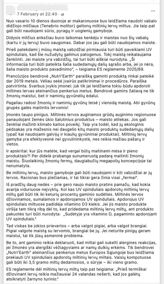 Ekrano nuotr. iš „Facebook“/Žinia apie leidimą didžiojo milčiaus lervų miltelius naudoti maistui sukėlė internautų pasipiktinimą