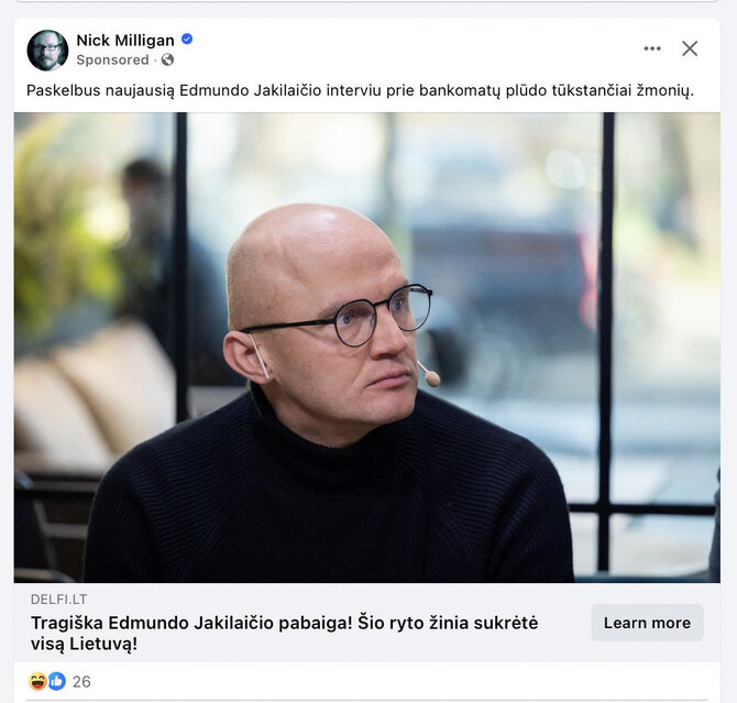 Ekrano nuotr. iš „Facebook“/Sukčių akiratyje atsidūrė ir Edmundas Jakilaitis, australas Nickas Milliganas tokio įrašo neskelbė