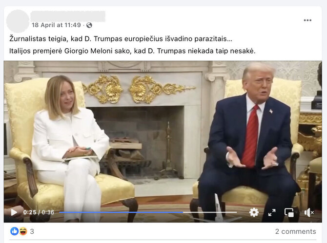 Ekrano nuotr. iš „Facebook“/Italijos premjerė Giorgia Meloni atsakė už JAV prezidentą Donaldą Trumpą, kad jis europiečių parazitais nevadino