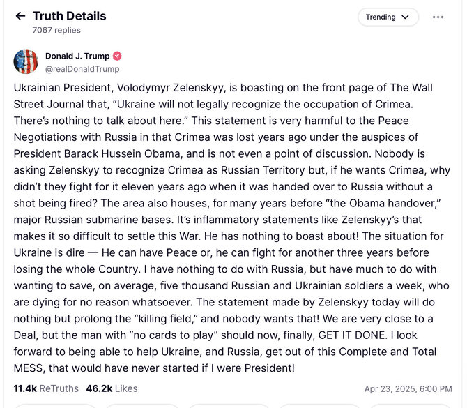 Ekrano nuotr. iš „Truth Social“/Krymo istoriją Donaldas Trumpas pakomentavo socialiniame tinkle „Truth Social“, kurį pats yra įkūręs