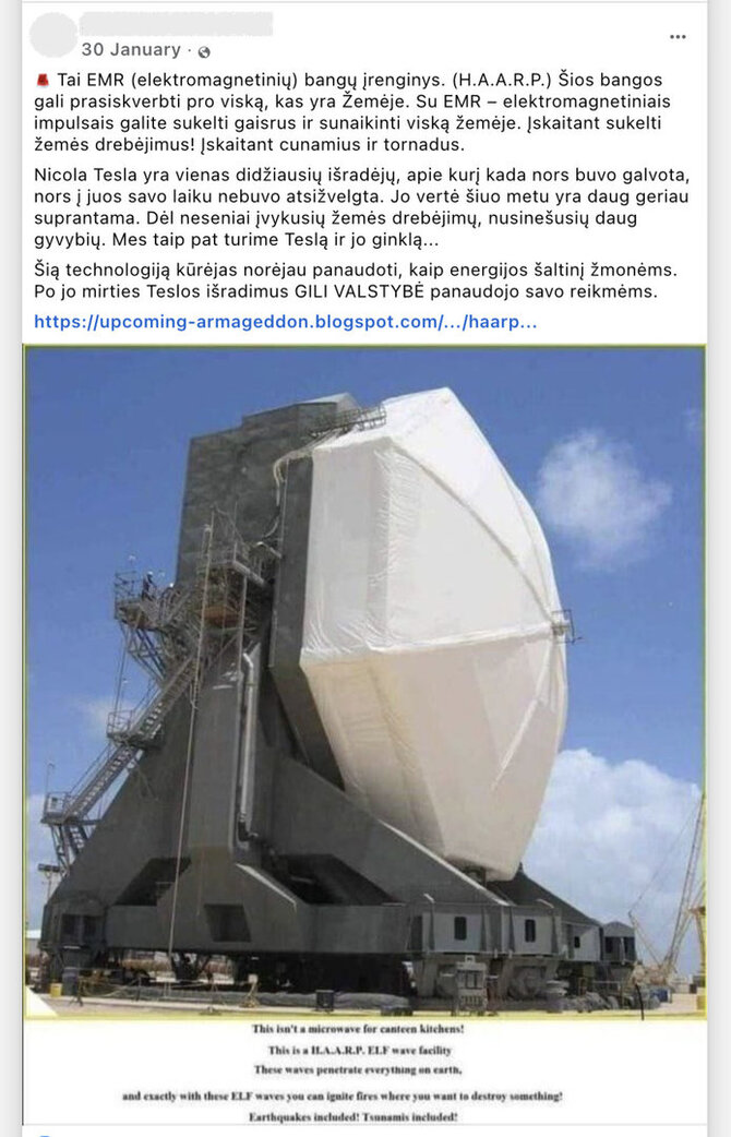 Ekrano nuotr. iš „Facebook“/Nuotraukoje matyti ne HAARP aukšto dažnio siųstuvas, o amerikiečių radaras SBX-1, naudojamas JAV gynybai