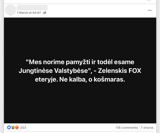 Ekrano nuotr. iš „Facebook“/Volodymyro Zelenskio kalbos JAV sulaukė ir vulgarių komentarų, bet jis televizijos laidoje taip nesakė