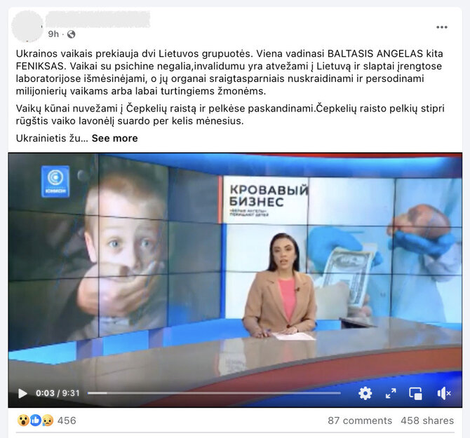 Ekrano nuotr. iš „Facebook“/Įraše nepateikta jokių įrodymų, kad Ukrainoje ar Lietuvoje veikia juodoji organų rinka ar kad „išmėsinėti“ ukrainiečių vaikai būtų skandinami Čepkelių pelkėse