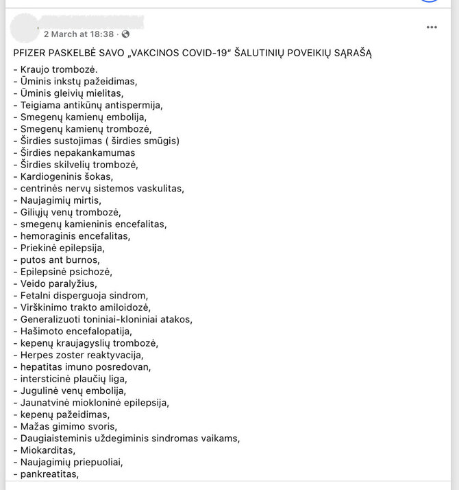 Ekrano nuotr. iš „Facebook“/Iš pusšimčio „Pfizer“ vakcinos šalutinių poveikių, kuriuos mini internautai, vos keli sutampa su oficialiai skelbiamais