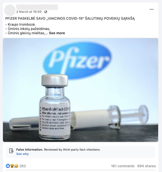 Ekrano nuotr. iš „Facebook“/Iš pusšimčio „Pfizer“ vakcinos šalutinių poveikių, kuriuos mini internautai, vos keli sutampa su oficialiai skelbiamais