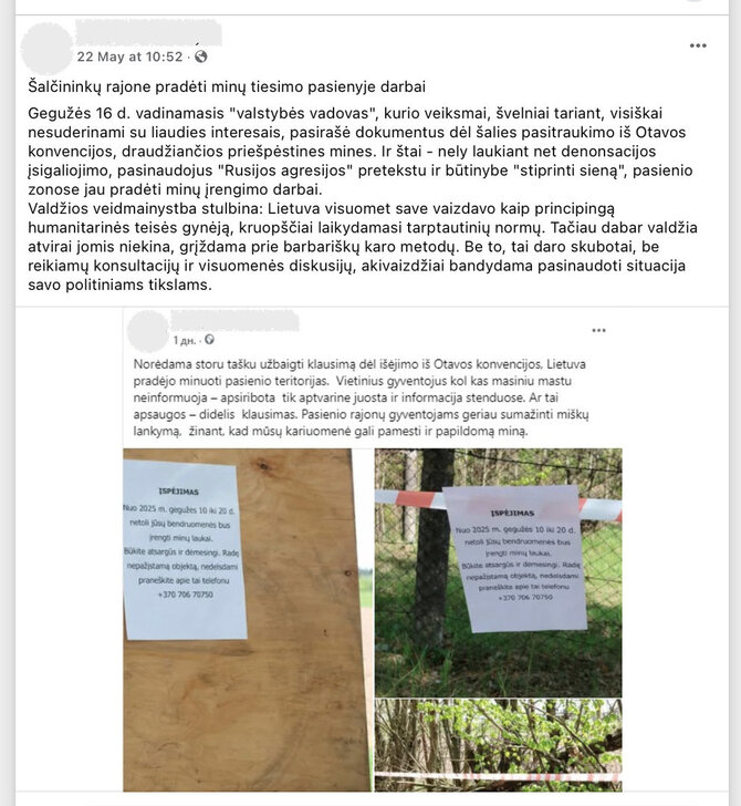 Ekrano nuotr. iš „Facebook“/„Įspėjimai“ apie tariamai pasienyje atsirasiančias minas yra dezinformacija, skirta išgąsdinti žmones ir sukelti kuo daugiau sumaišties