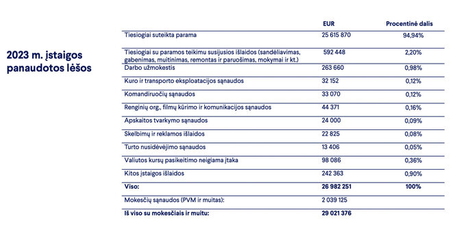 Ekrano nuotr./2023 m. organizacijos „Blue Yellow“ panaudotos lėšos