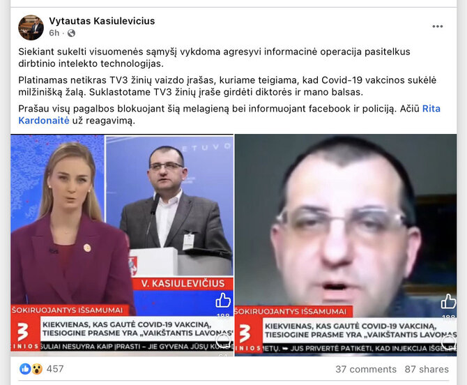 Ekrano nuotr. iš „Facebook“/Vytautas Kasiulevičius pats įspėjo apie sufabrikuotą reportažą, kuriame panaudotas jo atvaizdas ir balsas