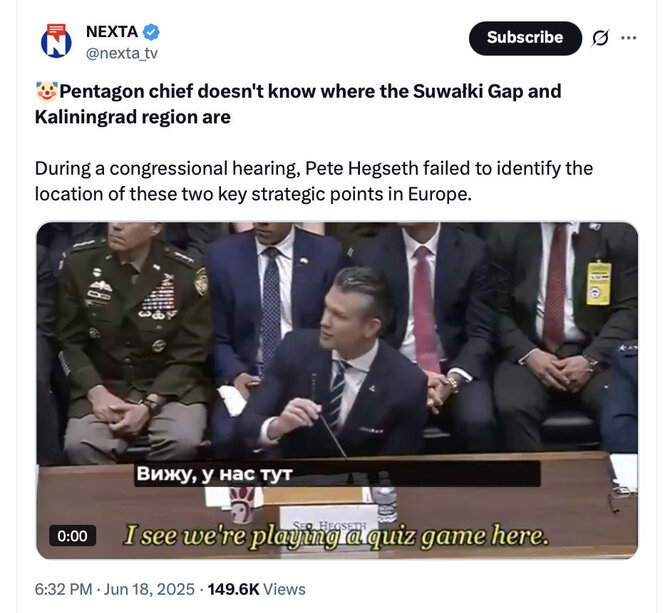 Ekrano nuotr. iš „X“/Neatsakęs nė į vieną parlamentaro pateiktą klausimą, gynybos sekretorius Pete'as Hegsethas nebeteko kantrybės