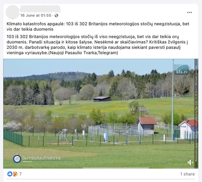 Ekrano nuotr. iš „Facebook“/Melagiena apie tariamai neegzistuojančias ar neveikiančias trečdalį meteorologijos stočių Jungtinėje Karalystėje pasiekė ir Lietuvą