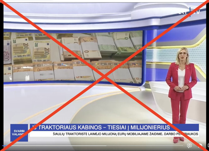 Ekrano nuotr. iš „Facebook“/„Reportažu“ bandoma sudaryti įspūdį, neva LRT televizijos eteryje pasakota apie žaidime laimėtą milijoną