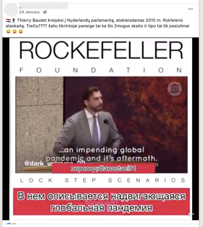 Ekrano nuotr. iš „Facebook“/Olandų politikas Thierry Baudet cituoja ne pandemijos planą, o vieną iš kelių scenarijų, kaip pasaulis galėtų gyventi prasidėjus gripo pandemijai