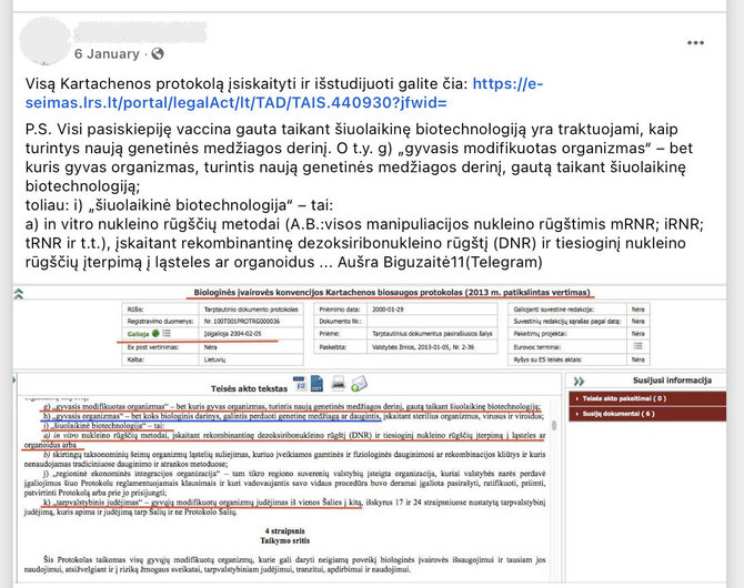 Ekrano nuotr. iš „Facebook“/Šiame protokole kalbama apie biologinės įvairovės saugojimą, ne vakcinas