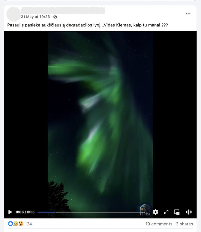 Ekrano nuotr. iš „Facebook“/Žmogus prie poliarinių pašvaisčių ranką yra pridėjęs tik labai netiesiogiai – dėl klimato kaitos jos matomos geriau