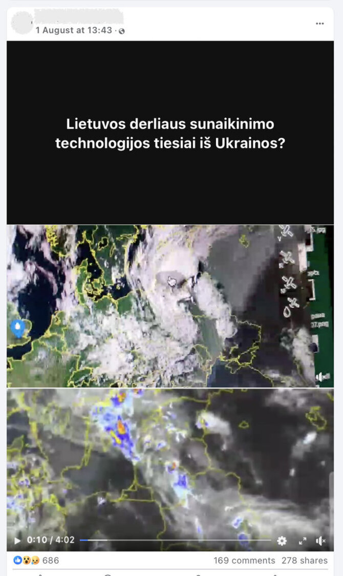 Ekrano nuotr. iš „Facebook“/Dėl derlių niokojančio lietaus apkaltinti iš Ukrainos atkeliavę debesys