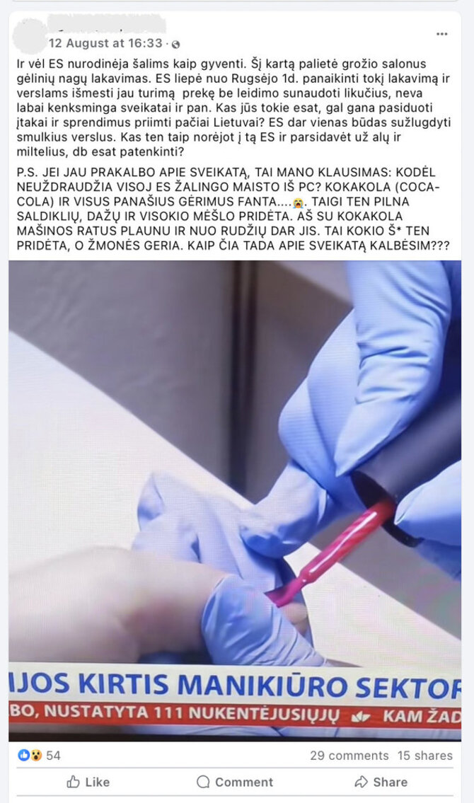 Ekrano nuotr. iš „Facebook“/ES įsigaliosiantis draudimas naudoti tam tikras medžiagas geliniam lakavimui sulaukė ir klaidingų interpretacijų