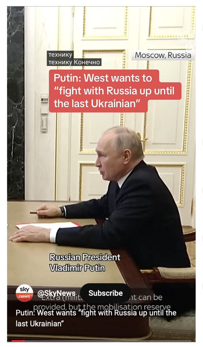 Ekrano nuotr. iš „YouTube“/Apie tariamą Vakarų kovą iki žus paskutinis ukrainietis yra kalbėjęs ir Rusijos prezidentas Vladimiras Putinas