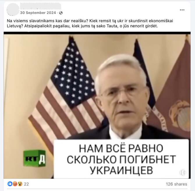 Ekrano nuotr. iš „Facebook“/Teiginiai, esą karas Ukrainoje tėra geopolitinė JAV bei Rusijos kova, atitinka Kremliaus propagandą