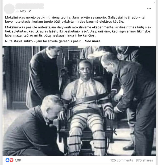 Ekrano nuotr. iš „Facebook“/Istorija apie nuteistąjį, kuris vietoj elektros kėdės pasirinko eksperimentą ir mirė galvodamas, kad neteko viso kraujo, yra išgalvota