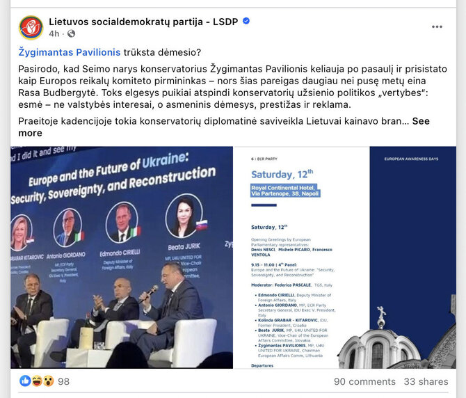 Ekrano nuotr. iš „Facebook“/LSDP savo paskyroje „Facebook“ pažėrė kritikos ir dėl pristatymo konferencijoje, ir dėl ankstesnės veiklos