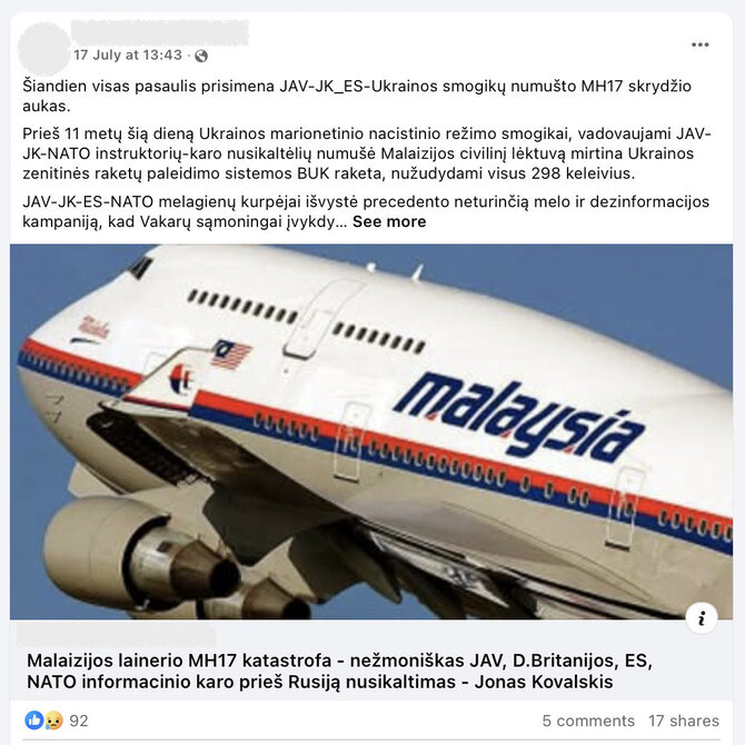 Rusjios propaganda kartojama ir praėjus daugiau nei dešimtmečiui po Malaizijos lėktuvo aviakatastrofos