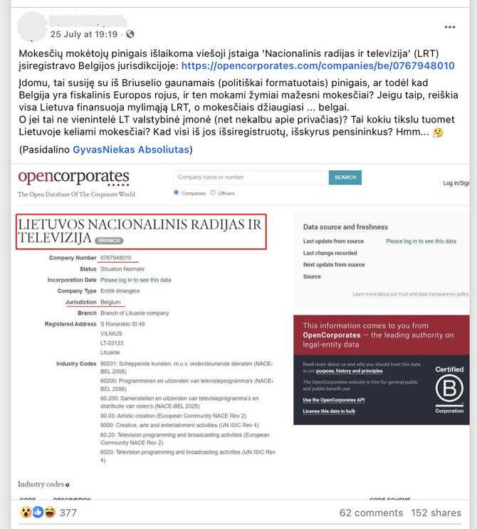 Ekrano nuotr. iš „Facebook“/LRT įregistravimas Belgijoje prieš keletą metų pagimdė įvairių klaidingų versijų