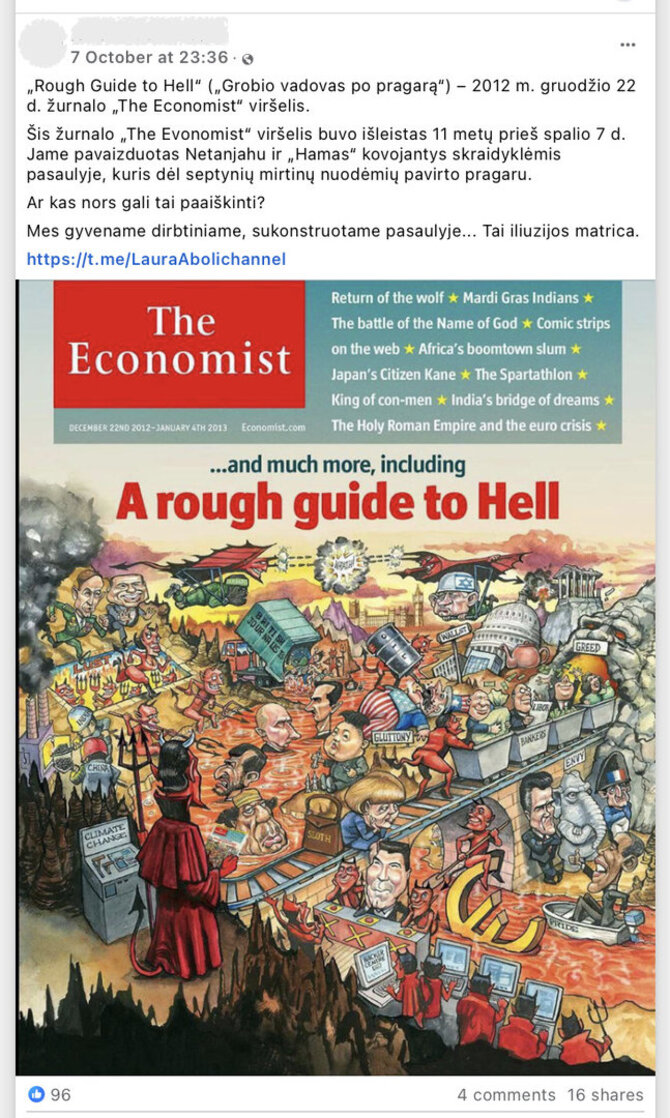 Ekrano nuotr. iš „Facebook“/Žurnalo „The Economist“ straipsnio iliustracijoje pavaizduotos septynios didžiosios nuodėmės, jis nepatvirtina, kad karas Gazos Ruože ar kiti įvykiai pasaulyje buvo specialiai sumanyti