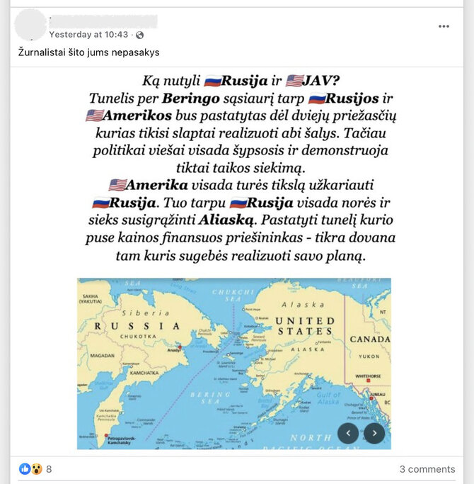 Ekrano nuotr. iš „Facebook“/Idėja tuneliu ar tiltu sujungti du žemynus svarstoma nuo XIX a., bet ją įgyvendinti kliudo finansinės, strategins, gamtinės, geologinės ir kitos kliūtys