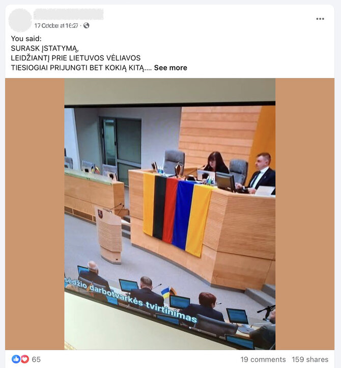 Ekrano nuotr. iš „Facebook“/Lietuvos ir Ukrainos vėliavų pakabinimą išanalizavo „ChatGPT“, bet pokalbių robotas įstatymą išaiškino klaidingai