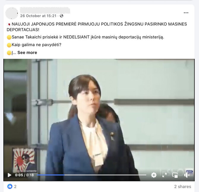 Ekrano nuotr. iš „Facebook“/Melas, kad naujoji Japonijos premjerė Sanae Takaichi įsteigė „masinių deportacijų“ ministeriją