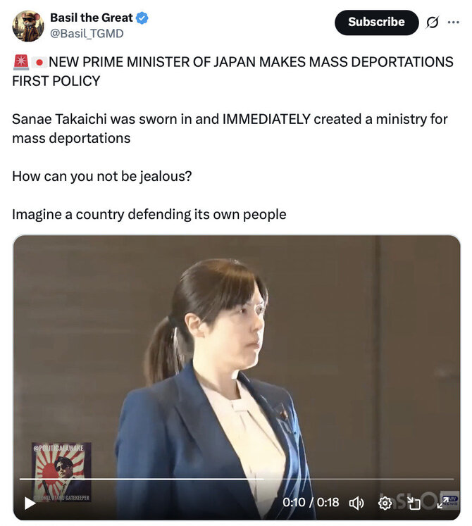 Ekrano nuotr. iš „X“/Melas, kad naujoji Japonijos premjerė Sanae Takaichi įsteigė „masinių deportacijų“ ministeriją, paplito iš socialinio tinklo „X“