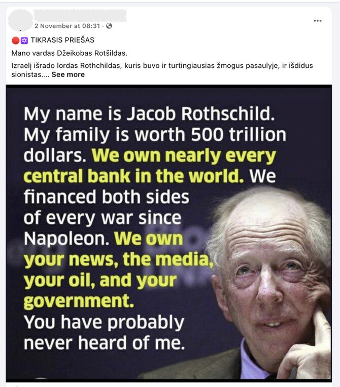 Ekrano nuotr. iš „Facebook“/Internete platinama klaidinga informacija apie bankininkų dinastijos palikuonį Jacobą Rothschildą ir visą jų šeimą