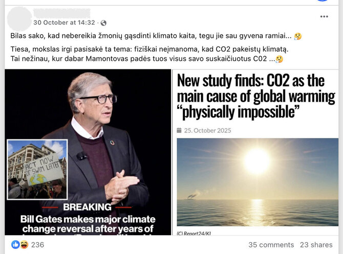 Ekrano nuotr. iš „Facebook“/Teiginys, esą neįmanoma, kad CO2 keistų klimatą, yra klaidingas - mokslininkai jau seniai yra nustatę, kad anglies dvideginis yra pagrindinė šiltnamio efekto priežastis