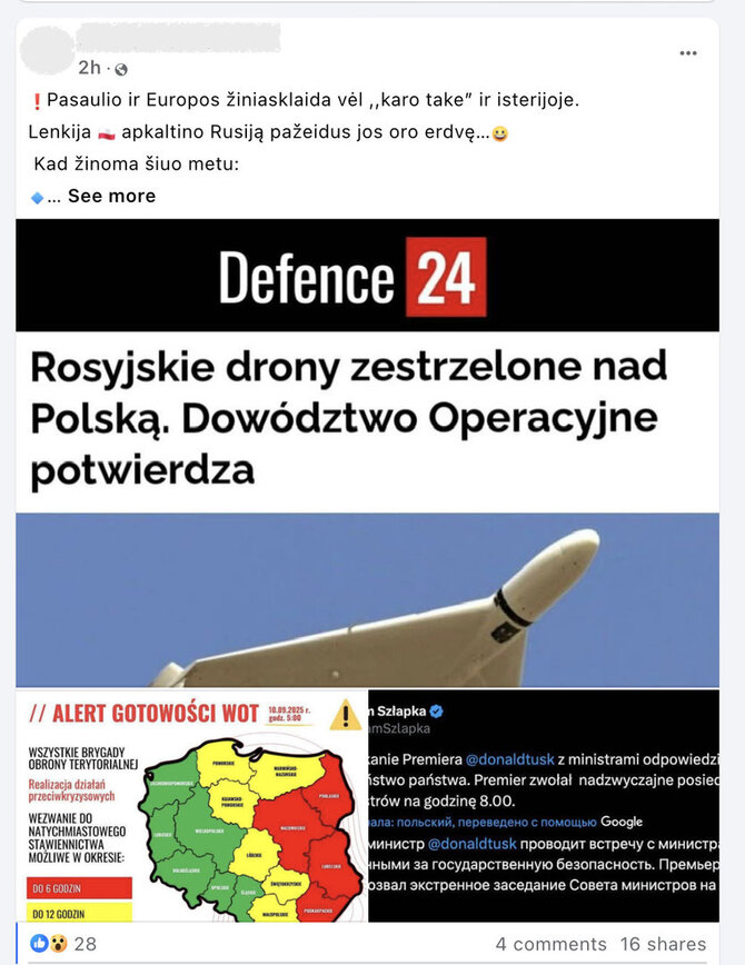 Ekrano nuotr. iš „Facebook“/Klaidingos interpretacijos apie Lenkijon įskridusius dronus pasirodė jau po kelių valandų
