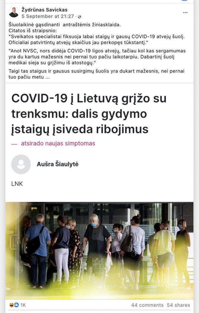 Ekrano nuotr. iš „Facebook“/Prieš metus COVID-19 atvejų buvo daugiau, todėl daroma išvada, kad dabar infekcija didelės grėsmės nekelia