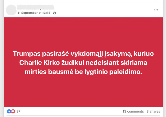 Ekrano nuotr. iš „Facebook“/Charlie Kirko žudikui internautai jau „skyrė“ mirties bausmę, nors dar net nebuvo teismo