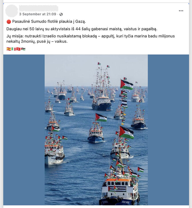 Ekrano nuotr. iš „Facebook“/Ši nuotrauka nėra autentiška - į Gazą plaukia gerokai mažiau laivų