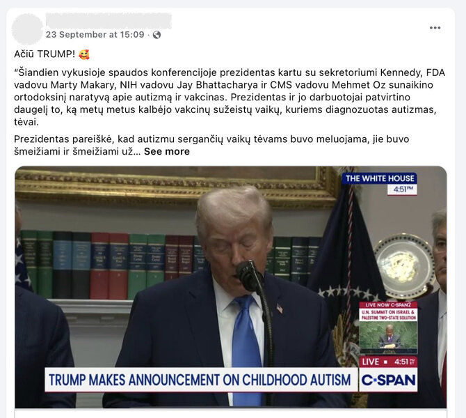 Ekrano nuotr. iš „Facebook“/Už komentarus apie autizmą Donaldas Trumpas sulaukė ir širdelių