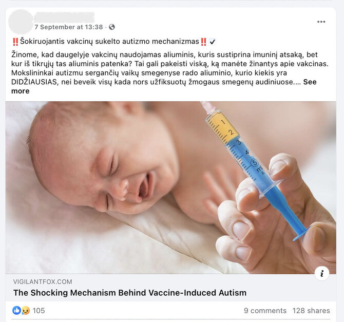 Ekrano nuotr. iš „Facebook“/Tyrimai nepatvirtina, kad vakcinos, kuriose esama aliuminio, būtų autizmo spektro sutrikimo priežastimi