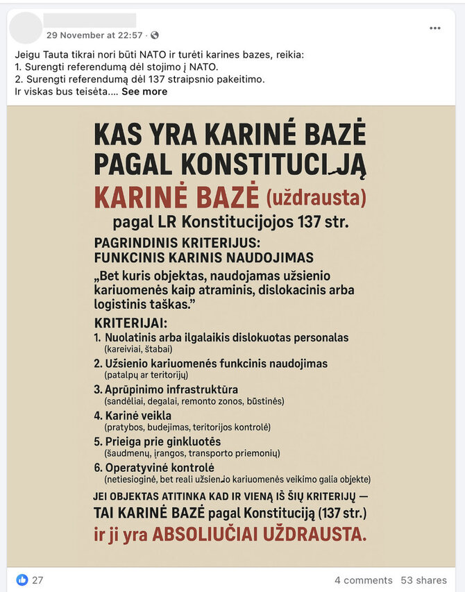 Ekrano nuotr. iš „Facebook“/Tokie tekstai atitinka Rusijos skleidžiamą propagandą, kuria siekiama sukelti baimę dėl tariamos okupacijos ir pan.