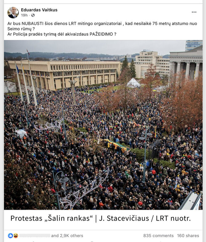 Ekrano nuotr. iš „Facebook“/Ir organizatoriai, ir policija pripažino, kad dalyvių mitinge buvo itin daug