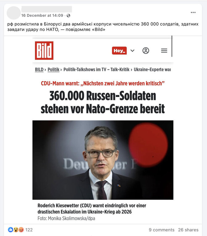 Ekrano nuotr. iš „Facebook“/Vokietijos politiko paskelbtą ir žiniasklaidos išplatintą klaidingą informaciją apie Rusijos karius Baltarusijoje citavo nemažai socialinių tinklų vartotojų