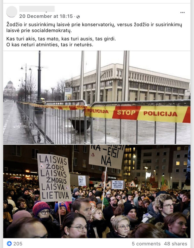Ekrano nuotr. iš „Facebook“/Internautai gretina du skirtingomis aplinkybėmis vykusius protestus