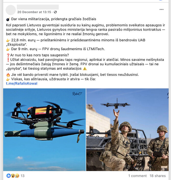 Ekrano nuotr. iš „Facebook“/Netiesa, kad perkamos prieštankinės minos ir FPV dronų užtaisai nepadės stiprinti šalies saugumo