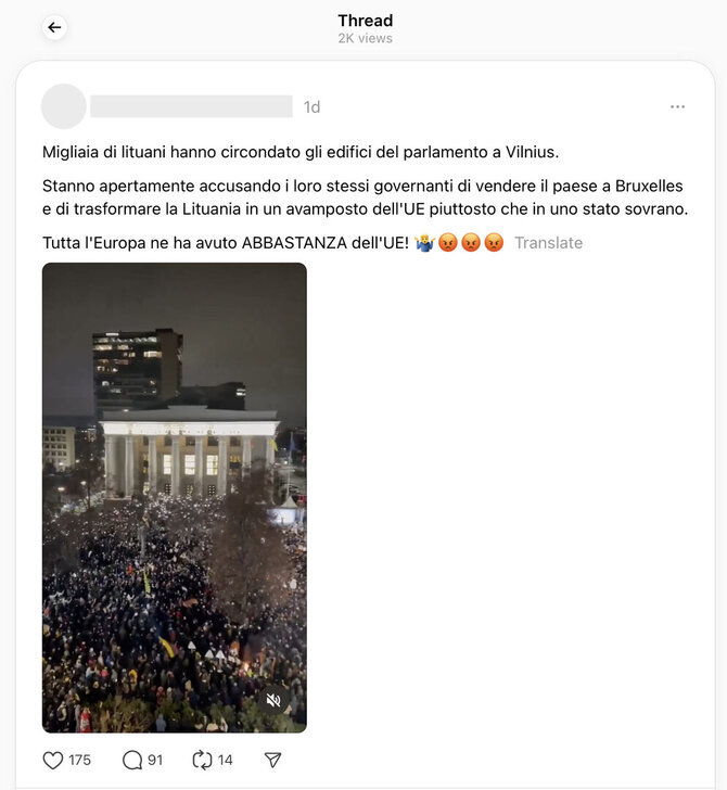 Ekrano nuotr. iš „Threads“/Italijoje apie protestus „Šalin rankas nuo laisvo žodžio“ skelbiama ir propaganda.