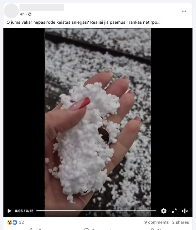 Ekrano nuotr. iš „Facebook“/Sniego kruopos yra viena iš kritulių formų, bet vienai internautei jos pasirodė keistos